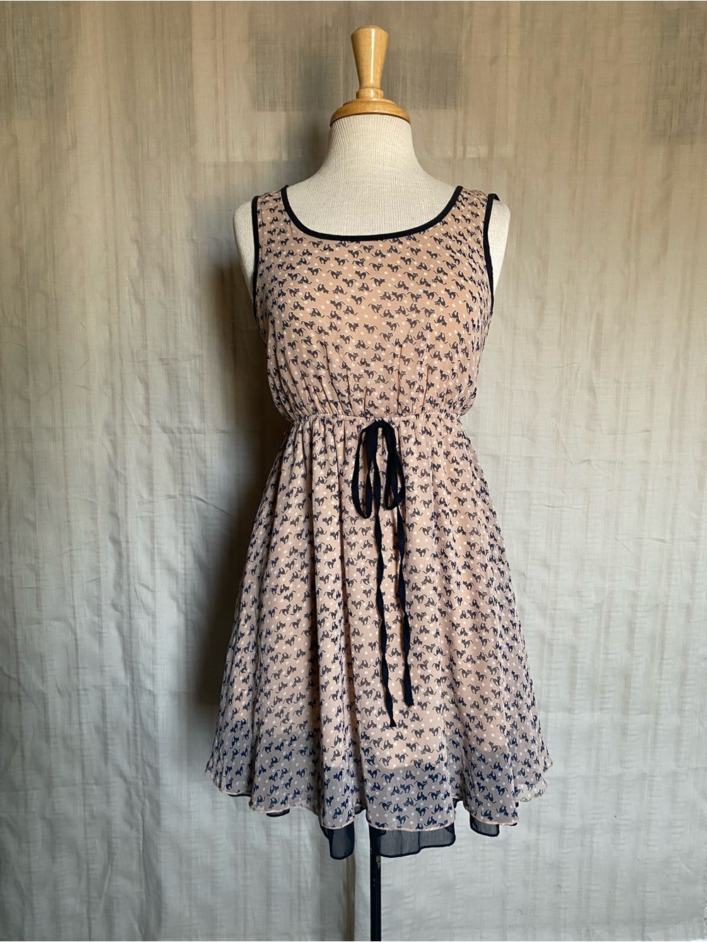 Rosebud Cat Print Beige Dress with Black Trim and Tie